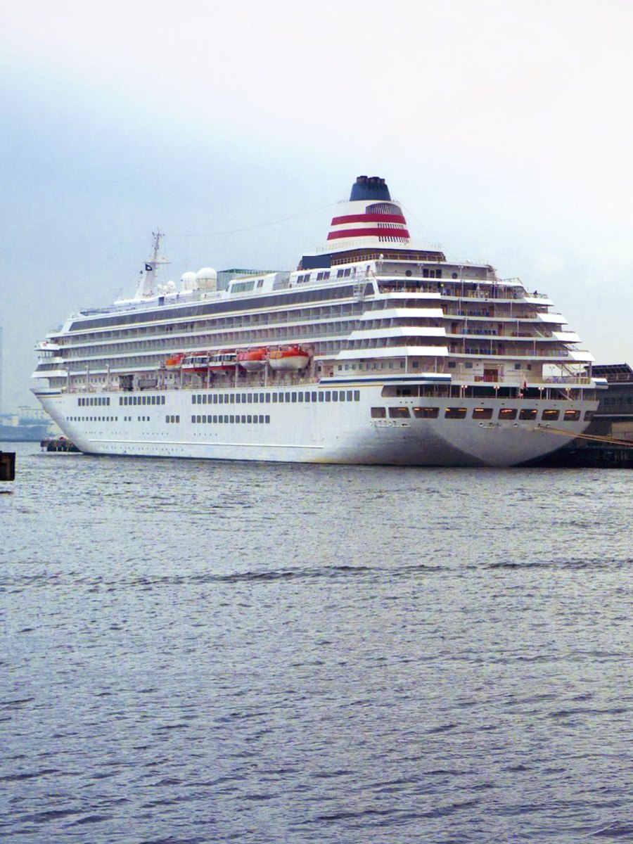 Cruise ship moored beside a cruise terminal on an overcast day